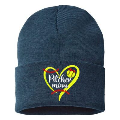 Softball Pitcher Mom Heart Mama Of A Softball Pitcher Mother Sustainable Knit Beanie