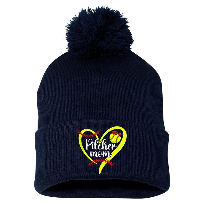 Softball Pitcher Mom Heart Mama Of A Softball Pitcher Mother Pom Pom 12in Knit Beanie