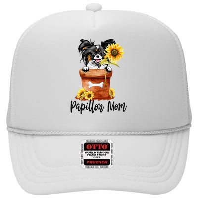 Sunflower Papillon Mom Dog Lover Gifts Mother's Day High Crown Mesh Back Trucker Hat