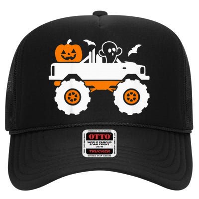 Spooky Pumpkin Monster Truck Halloween Outfit High Crown Mesh Back Trucker Hat