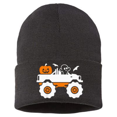 Spooky Pumpkin Monster Truck Halloween Outfit Sustainable Knit Beanie