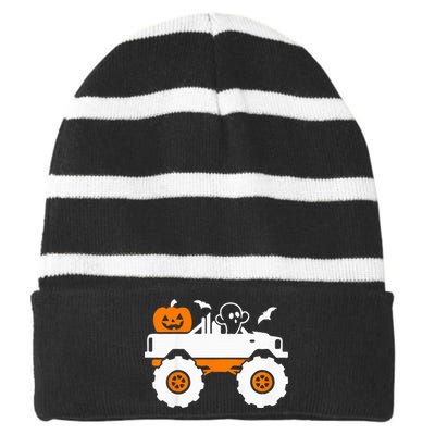 Spooky Pumpkin Monster Truck Halloween Outfit Striped Beanie with Solid Band