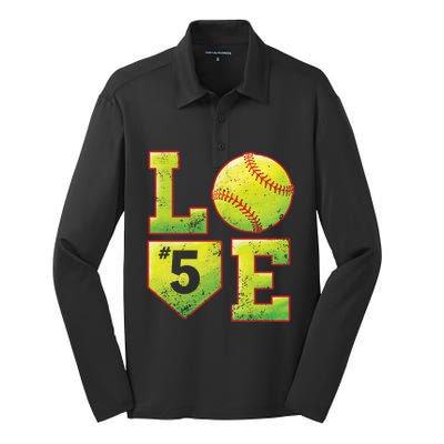 Softball Player Number 5 Softball Mom Dad #5 Biggest Fan Great Gift Silk Touch Performance Long Sleeve Polo