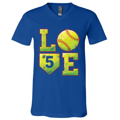 Softball Player Number 5 Softball Mom Dad #5 Biggest Fan Great Gift V-Neck T-Shirt