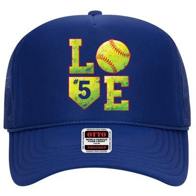 Softball Player Number 5 Softball Mom Dad #5 Biggest Fan Great Gift High Crown Mesh Back Trucker Hat