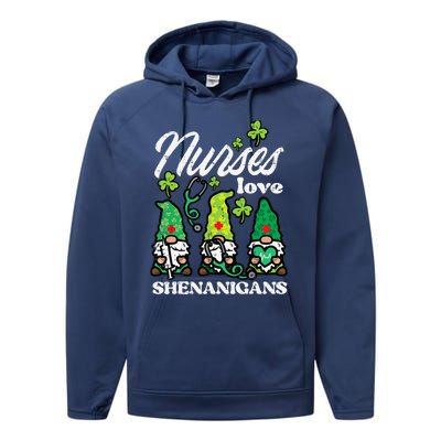 St Patricks Nurses Love Shenanigans Gnomes Scrub Top Wo Performance Fleece Hoodie