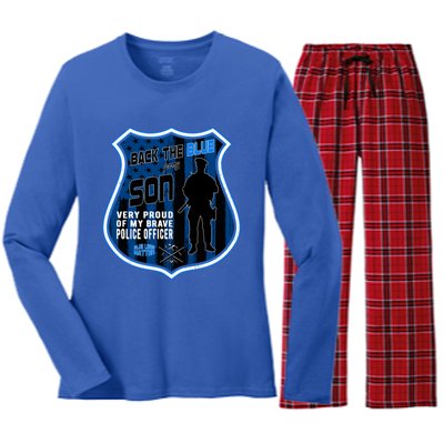 Support Police Officers Cop I Back The Blue For My Son Meaningful Gift Women's Long Sleeve Flannel Pajama Set 