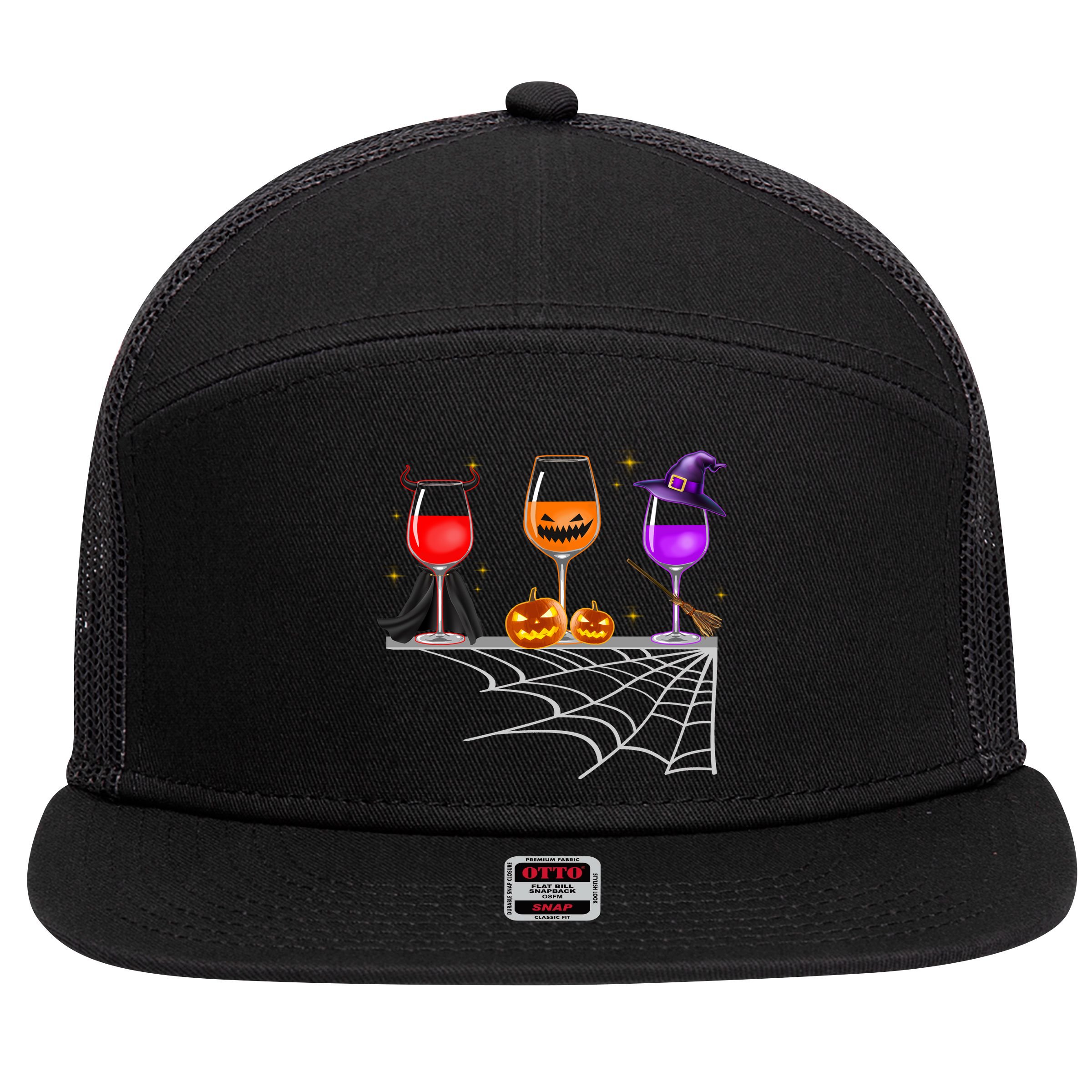 Spooky Wine Glasses 7 Panel Mesh Trucker Snapback Hat