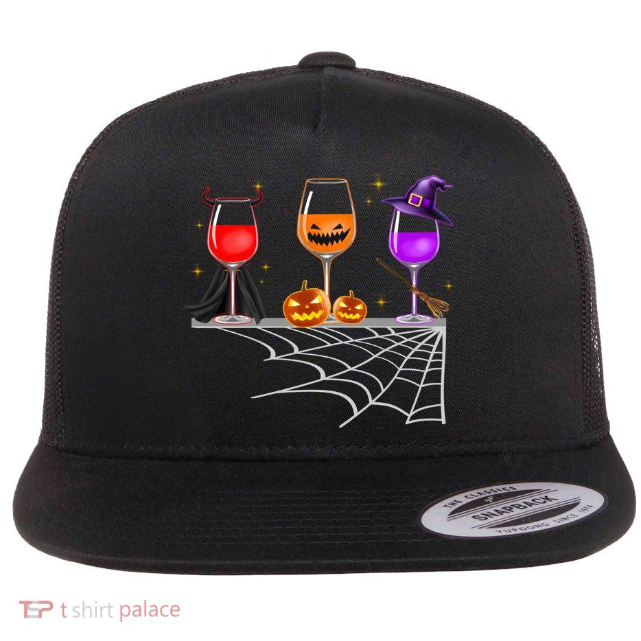 Spooky Wine Glasses Flat Bill Trucker Hat