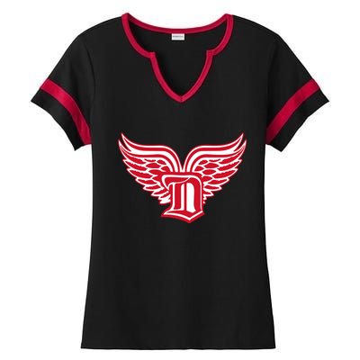 Sporty Detroit Fan Old English D With Wings Ladies Halftime Notch Neck Tee