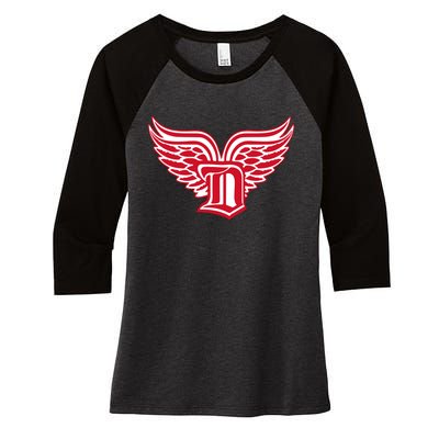 Sporty Detroit Fan Old English D With Wings Women's Tri-Blend 3/4-Sleeve Raglan Shirt