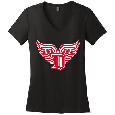 Sporty Detroit Fan Old English D With Wings Women's V-Neck T-Shirt