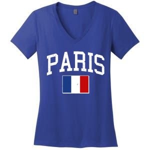 Sporty Paris France Flag Logo Sports Fan Women's V-Neck T-Shirt