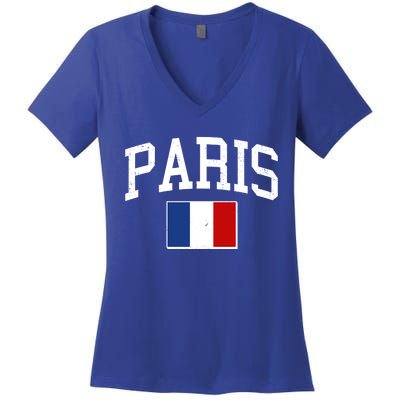 Sporty Paris France Flag Logo Sports Fan Women's V-Neck T-Shirt