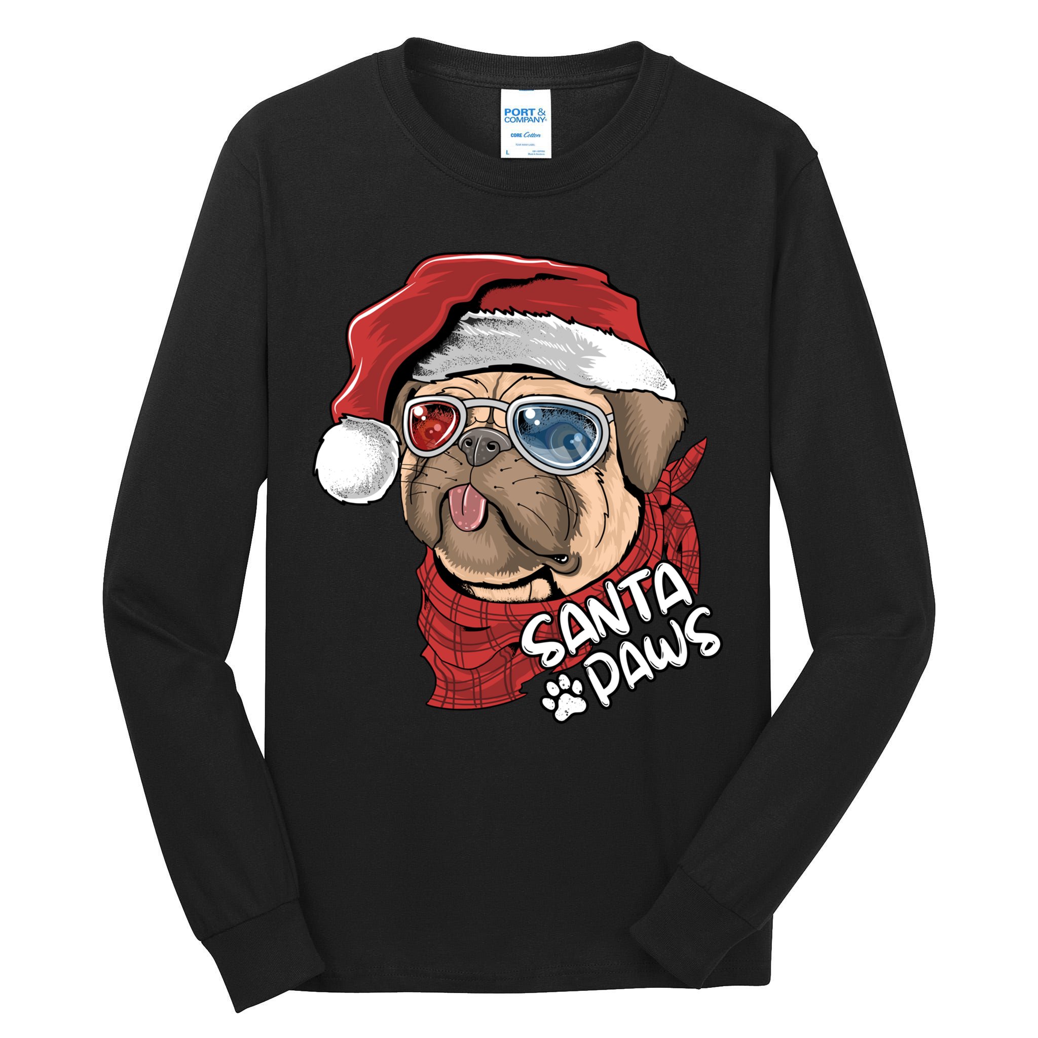 Santa Paws Pug Christmas Tee Kids Boys Xmas Funny Gift Pugmas Gift Tall Long Sleeve T-Shirt