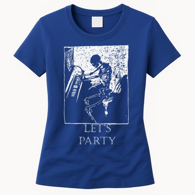 Skeleton Playing Piano Lets Party Halloween Womens T-Shirt