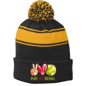 Softball Player Peace Love Softball Stripe Pom Pom Beanie