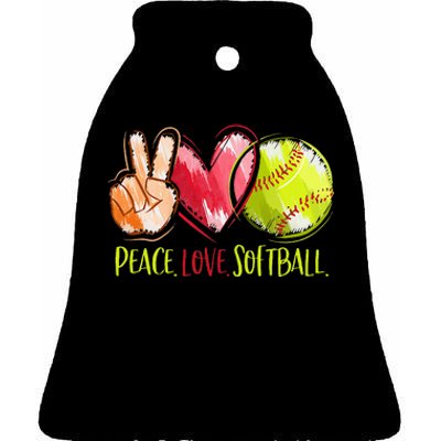 Softball Player Peace Love Softball Ceramic Bell Ornament