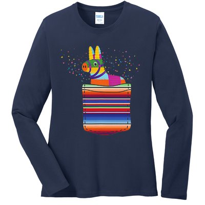 Serape Pocket Pinata Mexican Fiesta (Not An Actual Pocket) Ladies Long Sleeve Shirt