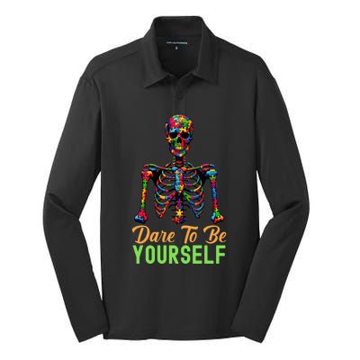 Skeleton Puzzle Pieces Autism Awareness Dare To Be Yourself Gift Silk Touch Performance Long Sleeve Polo