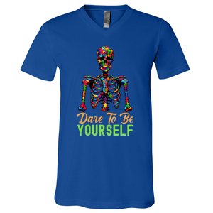 Skeleton Puzzle Pieces Autism Awareness Dare To Be Yourself Gift V-Neck T-Shirt