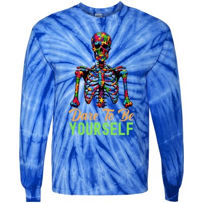 Skeleton Puzzle Pieces Autism Awareness Dare To Be Yourself Gift Tie-Dye Long Sleeve Shirt