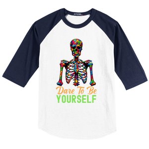 Skeleton Puzzle Pieces Autism Awareness Dare To Be Yourself Gift Baseball Sleeve Shirt