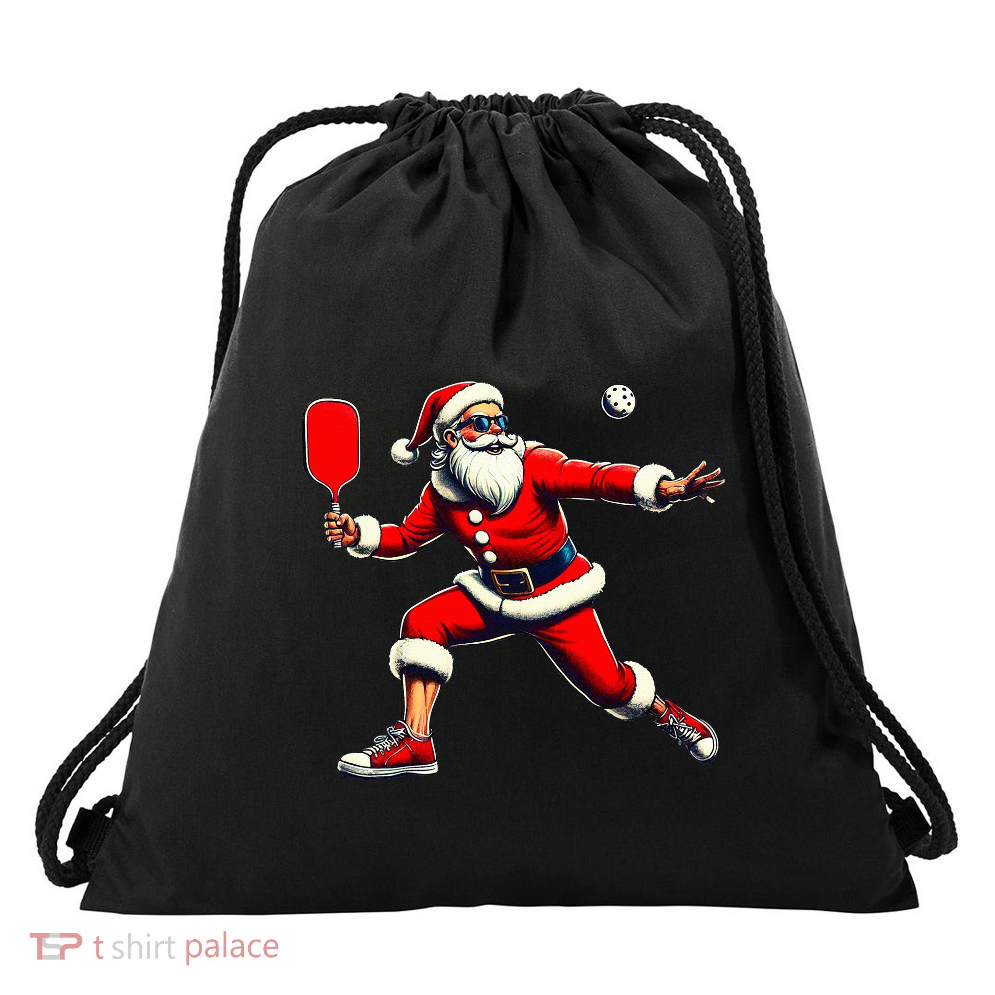Santa Playing Pickleball Paddleball Drawstring Bag