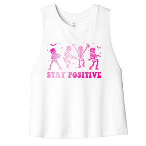 Stay Positive Pink Breast Cancer Halloween Spooky Skeleton Cute Gift Women's Racerback Cropped Tank