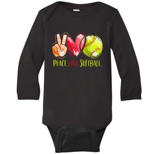 Softball Player Peace Love Softball Baby Long Sleeve Bodysuit