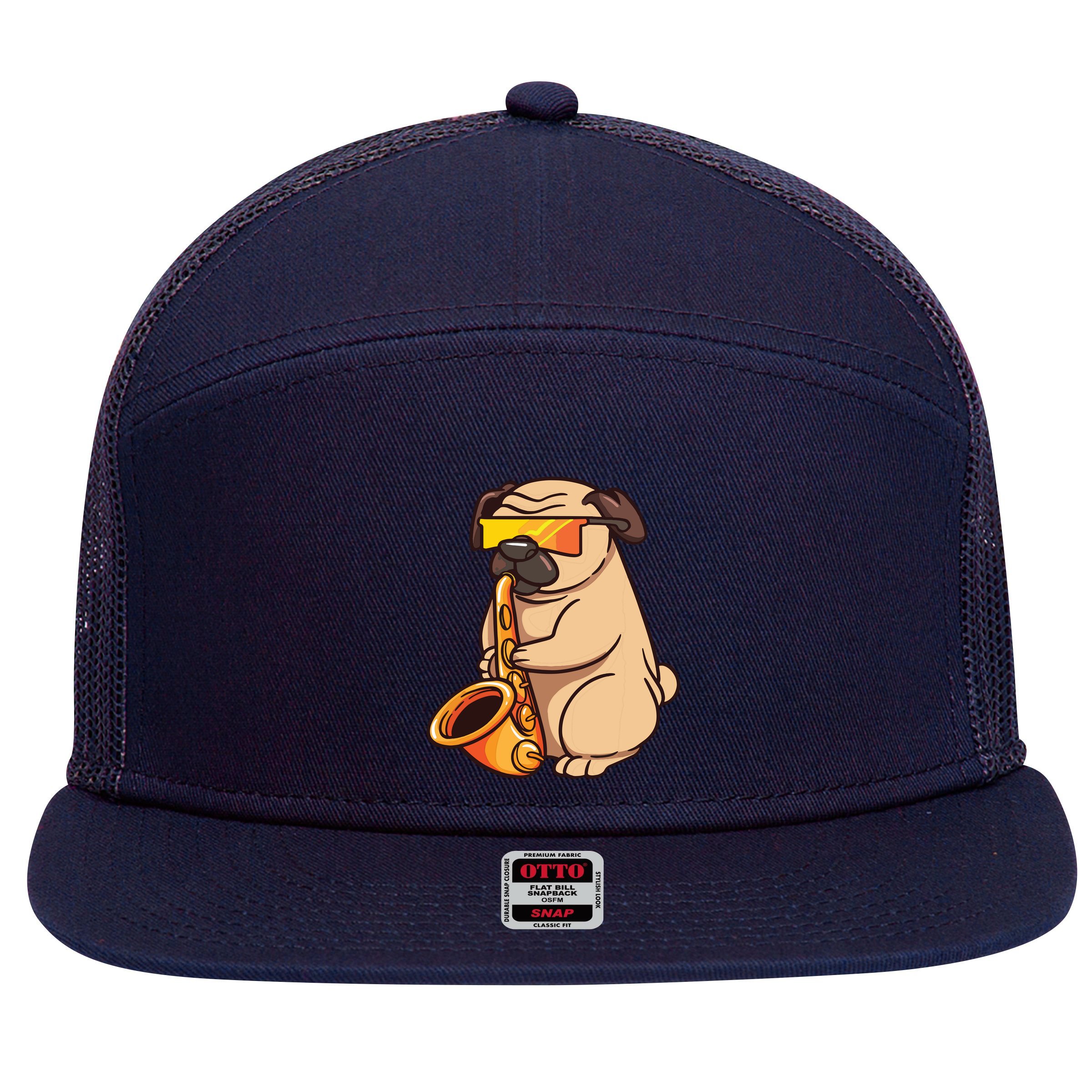 Saxophone Player Pug Jazz Band Music And Dog Lovers Gift 7 Panel Mesh Trucker Snapback Hat