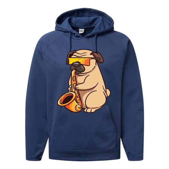 Saxophone Player Pug Jazz Band Music And Dog Lovers Gift Performance Fleece Hoodie