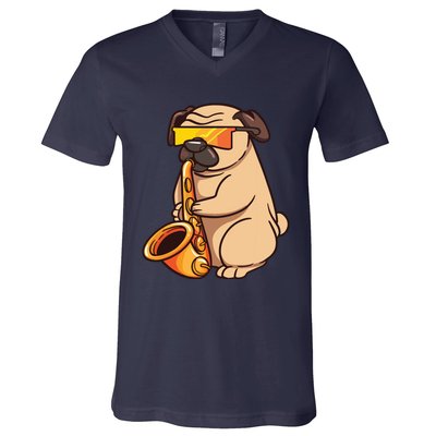 Saxophone Player Pug Jazz Band Music And Dog Lovers Gift V-Neck T-Shirt