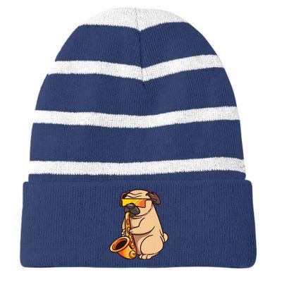 Saxophone Player Pug Jazz Band Music And Dog Lovers Gift Striped Beanie with Solid Band