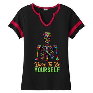 Skeleton Puzzle Pieces Autism Awareness Dare To Be Yourself Great Gift Ladies Halftime Notch Neck Tee