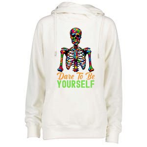 Skeleton Puzzle Pieces Autism Awareness Dare To Be Yourself Great Gift Womens Funnel Neck Pullover Hood