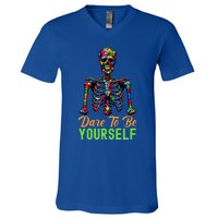 Skeleton Puzzle Pieces Autism Awareness Dare To Be Yourself Great Gift V-Neck T-Shirt