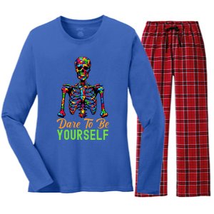 Skeleton Puzzle Pieces Autism Awareness Dare To Be Yourself Great Gift Women's Long Sleeve Flannel Pajama Set 