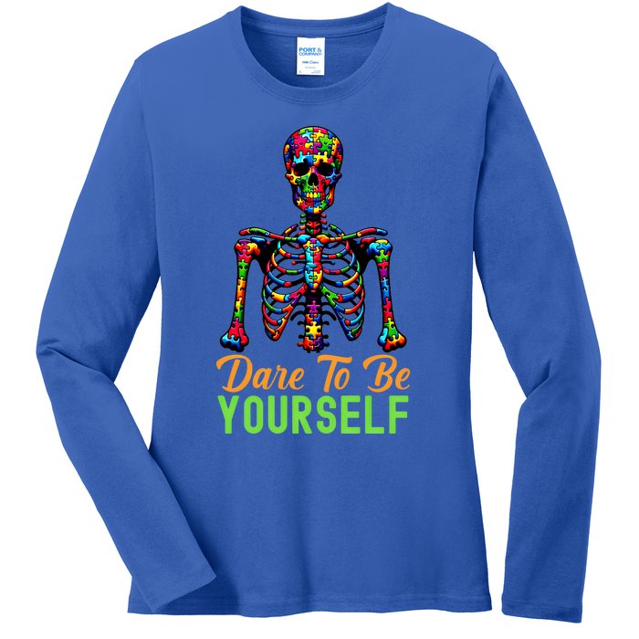 Skeleton Puzzle Pieces Autism Awareness Dare To Be Yourself Great Gift Ladies Long Sleeve Shirt