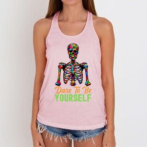 Skeleton Puzzle Pieces Autism Awareness Dare To Be Yourself Great Gift Women's Knotted Racerback Tank