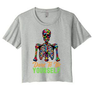 Skeleton Puzzle Pieces Autism Awareness Dare To Be Yourself Great Gift Women's Crop Top Tee