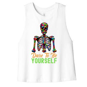 Skeleton Puzzle Pieces Autism Awareness Dare To Be Yourself Great Gift Women's Racerback Cropped Tank