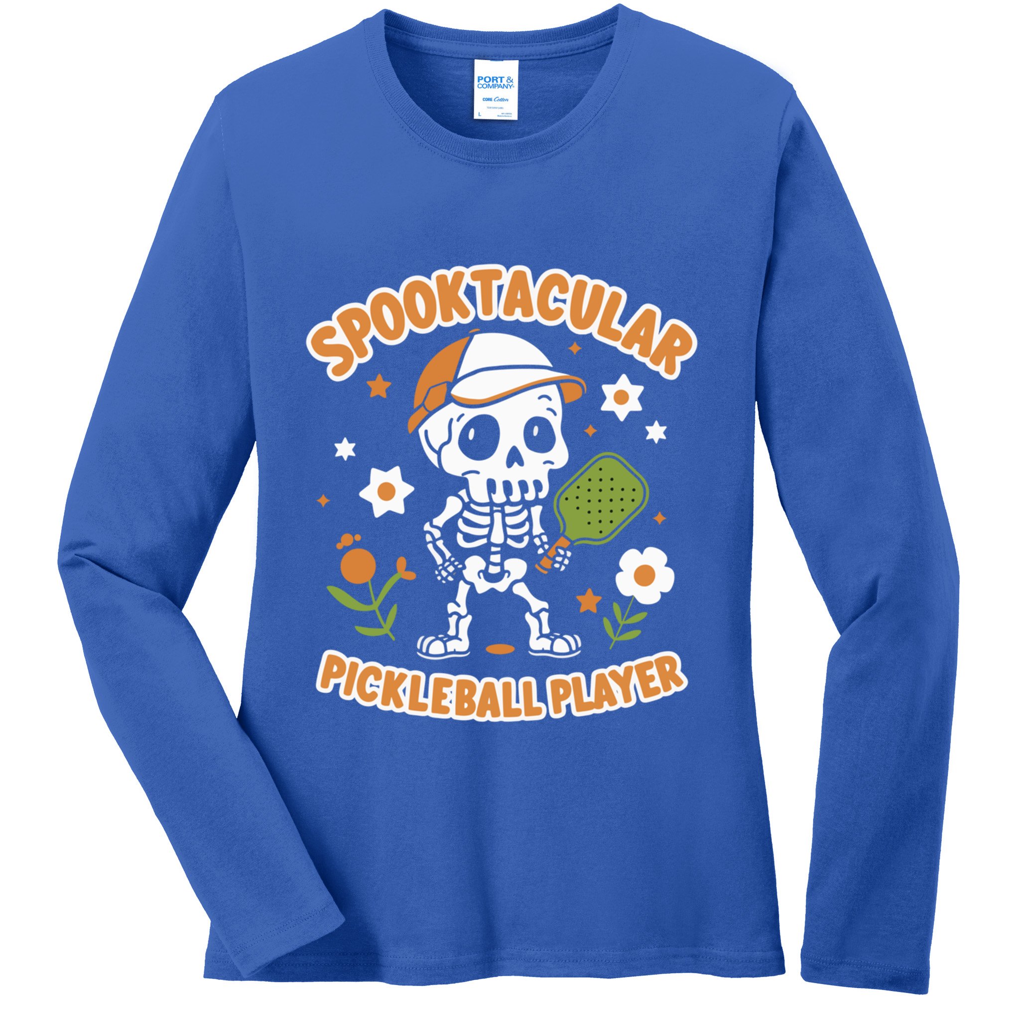 Spooktacular Pickleball Player Ghost Pumpkin Cute Gift Ladies Long Sleeve Shirt