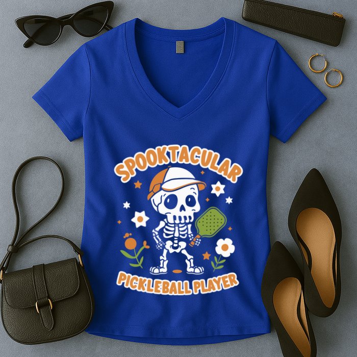 Spooktacular Pickleball Player Ghost Pumpkin Cute Gift Women's V-Neck T-Shirt