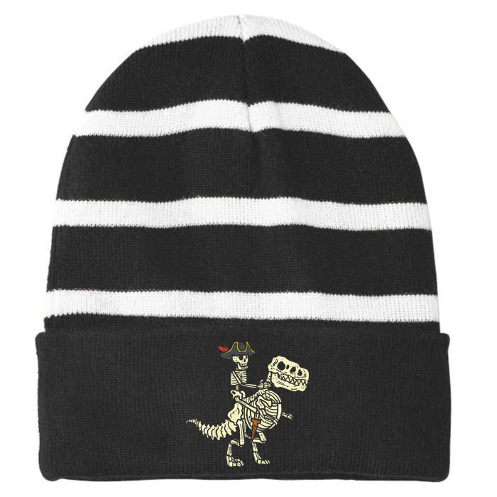 Spooky Pirate Riding Trex Halloween Costume Striped Beanie with Solid Band