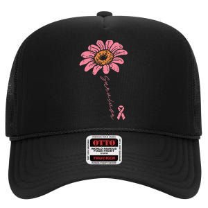 Sunflower Pink Ribbon Breast Cancer Survivor Awareness High Crown Mesh Back Trucker Hat