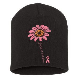 Sunflower Pink Ribbon Breast Cancer Survivor Awareness Short Acrylic Beanie