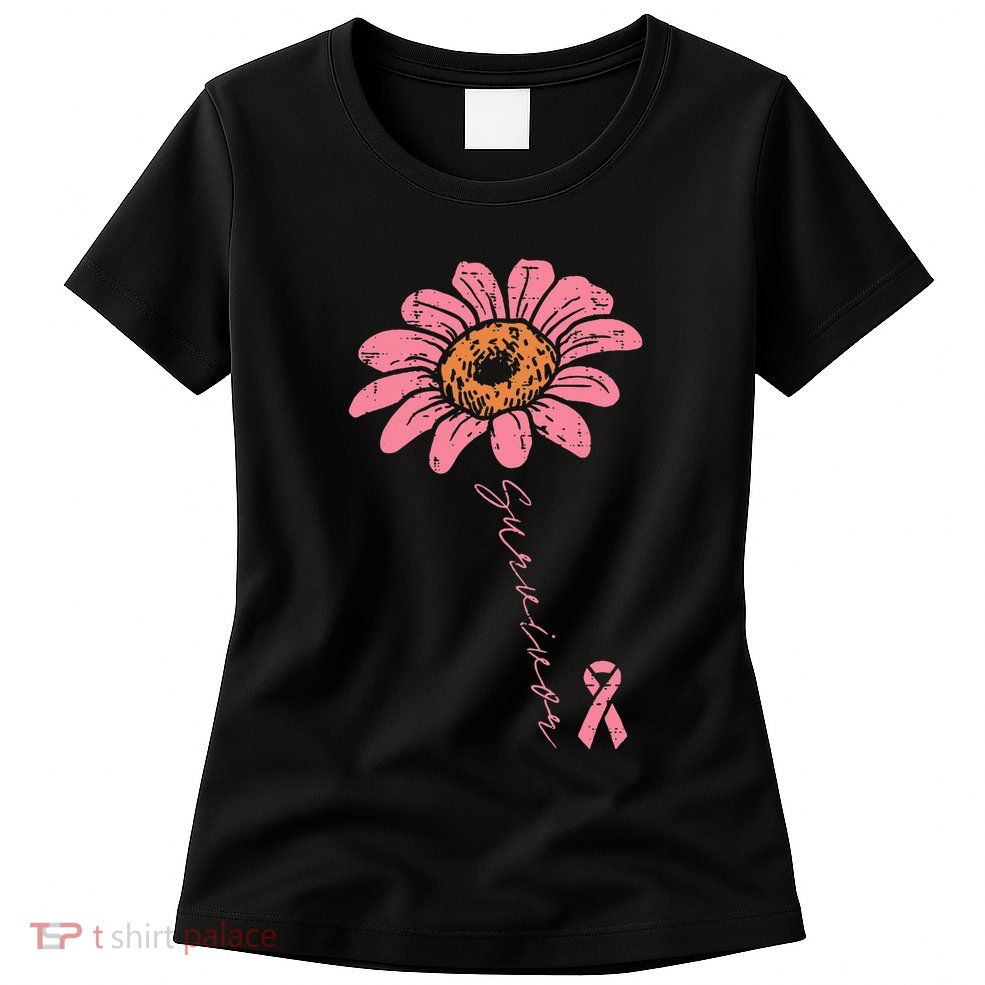 Sunflower Pink Ribbon Breast Cancer Survivor Awareness Womens T-Shirt