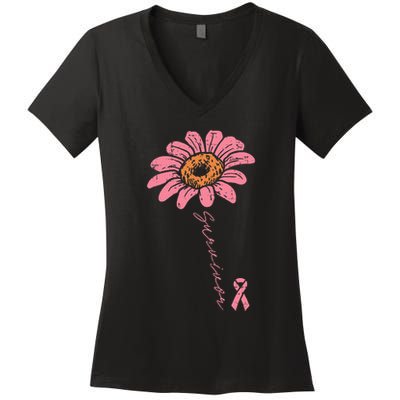 Sunflower Pink Ribbon Breast Cancer Survivor Awareness Women's V-Neck T-Shirt