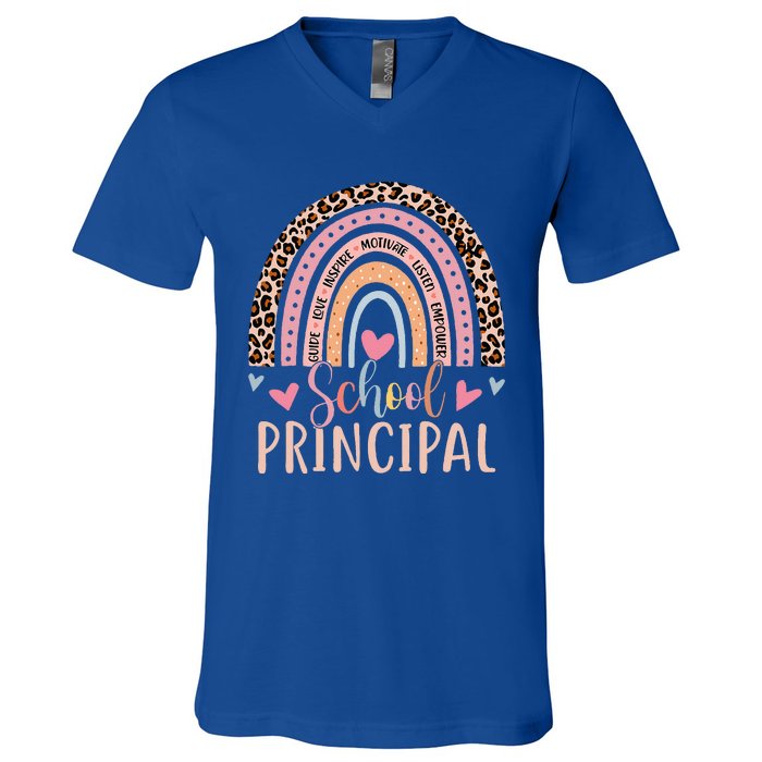 School Principal Rainbow Leopard Funny School Principal V-Neck T-Shirt